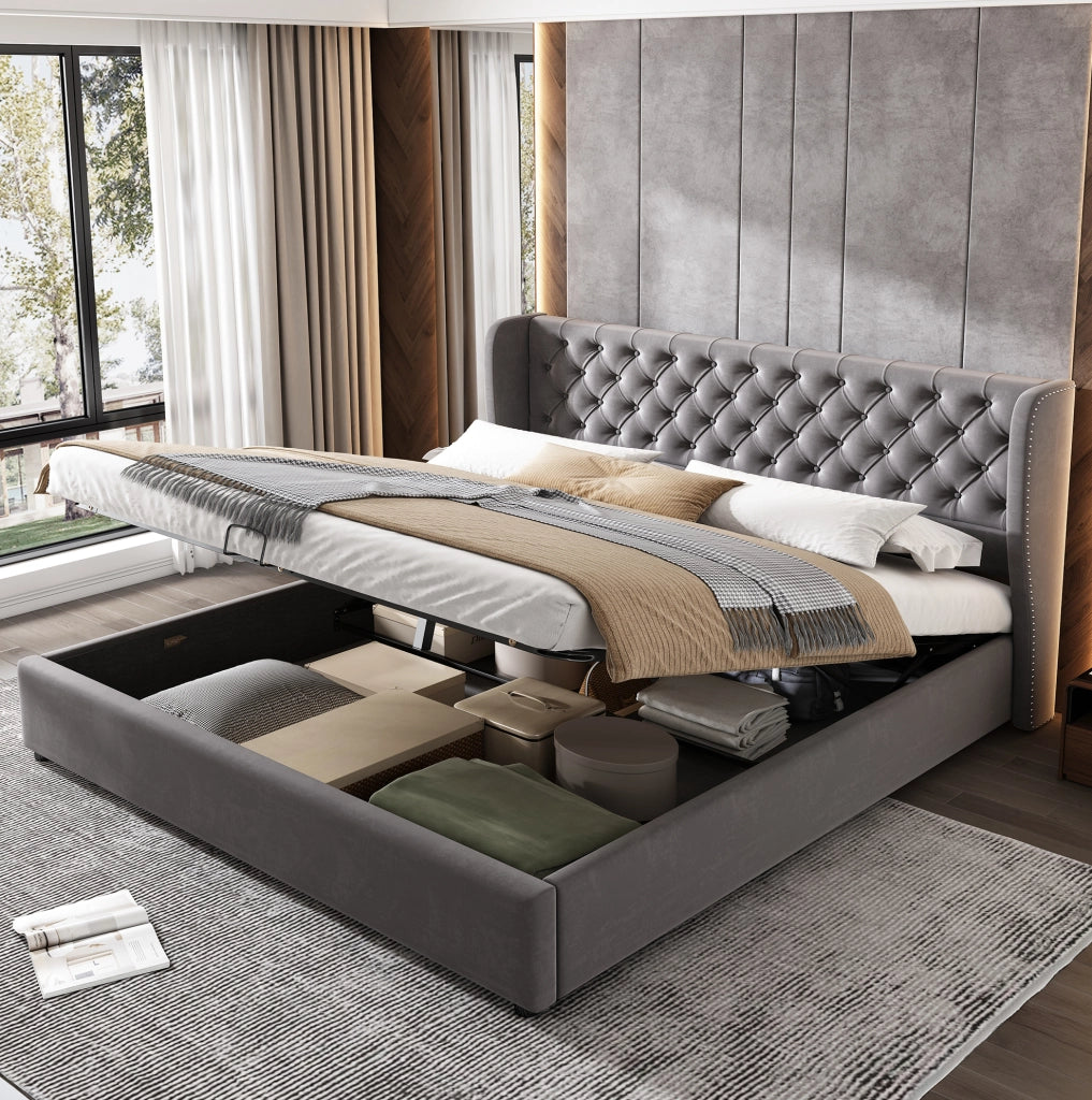 Letto matrimoniale contenitore 180x200 in velluto grigio con rete a doghe
