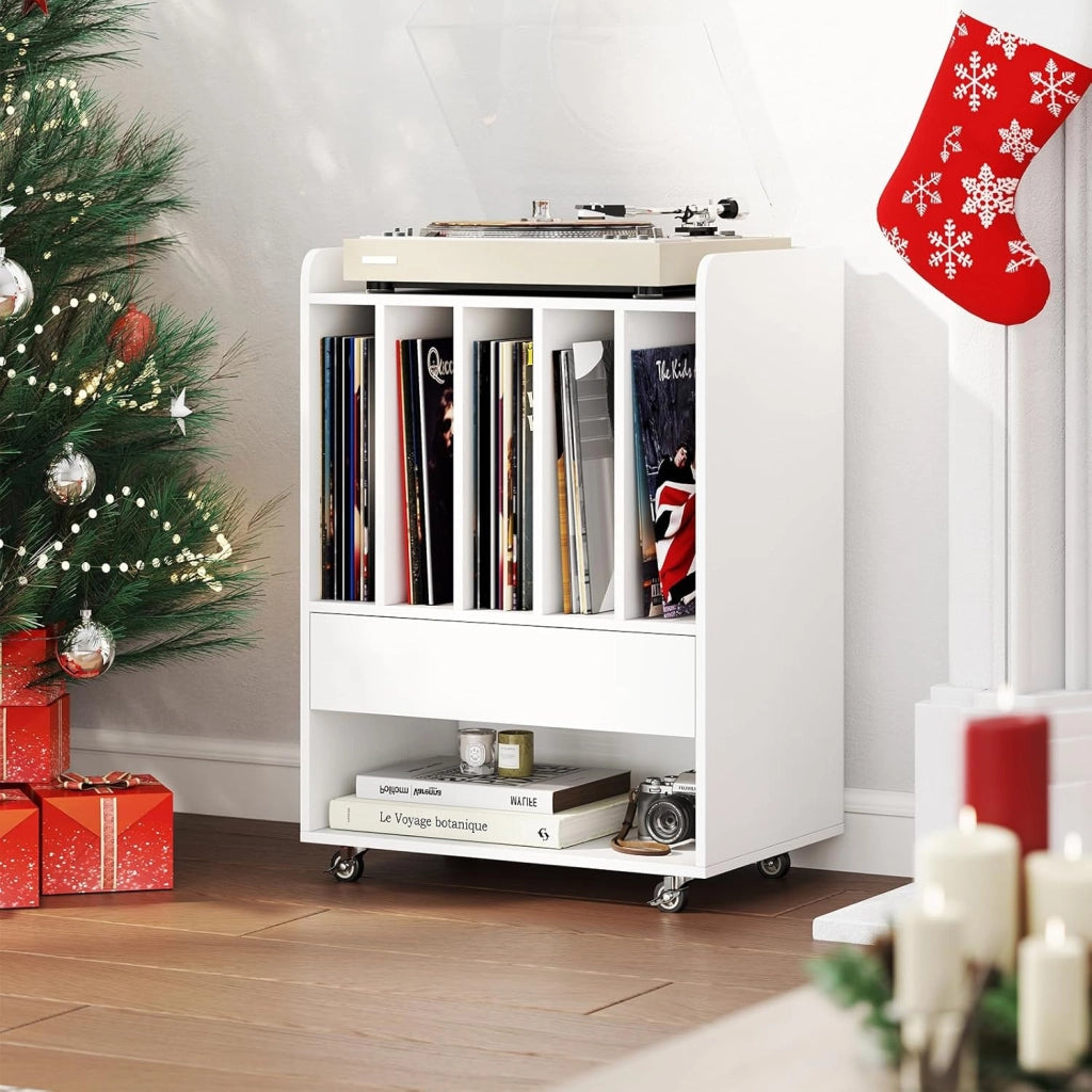 Mobile Porta Vinili con 4 Ruote Universali, Porta Dischi Vinile con Cassetto, Scomparto Aperto e Gancio Rimovibile, Mobile Giradischi Salvaspazio per Studio, Ufficio e Soggiorno (Bianco)