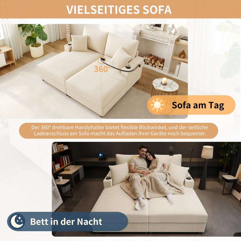 DIVANO Relax 163x140x82 cm in velluto a coste beige, 2 posti