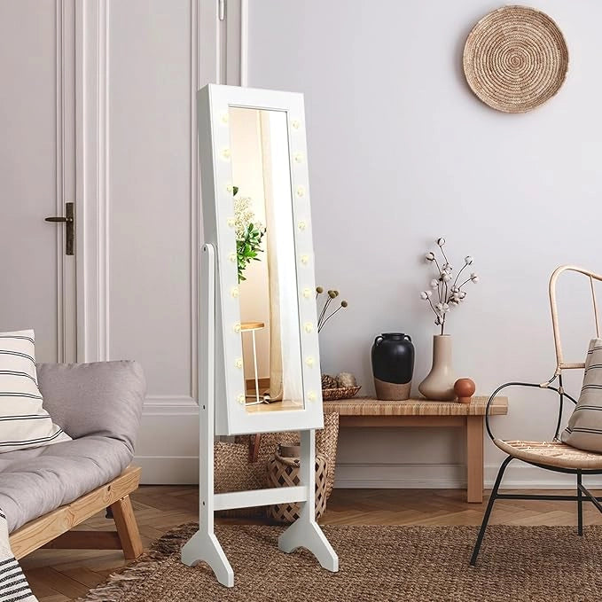 Portagioie Armadietto Specchiera con 18 Luci LED, Specchio a Figura Intera, Organizer per Gioielli Moderno Elegante, 145x35x31,5cm (Bianco)