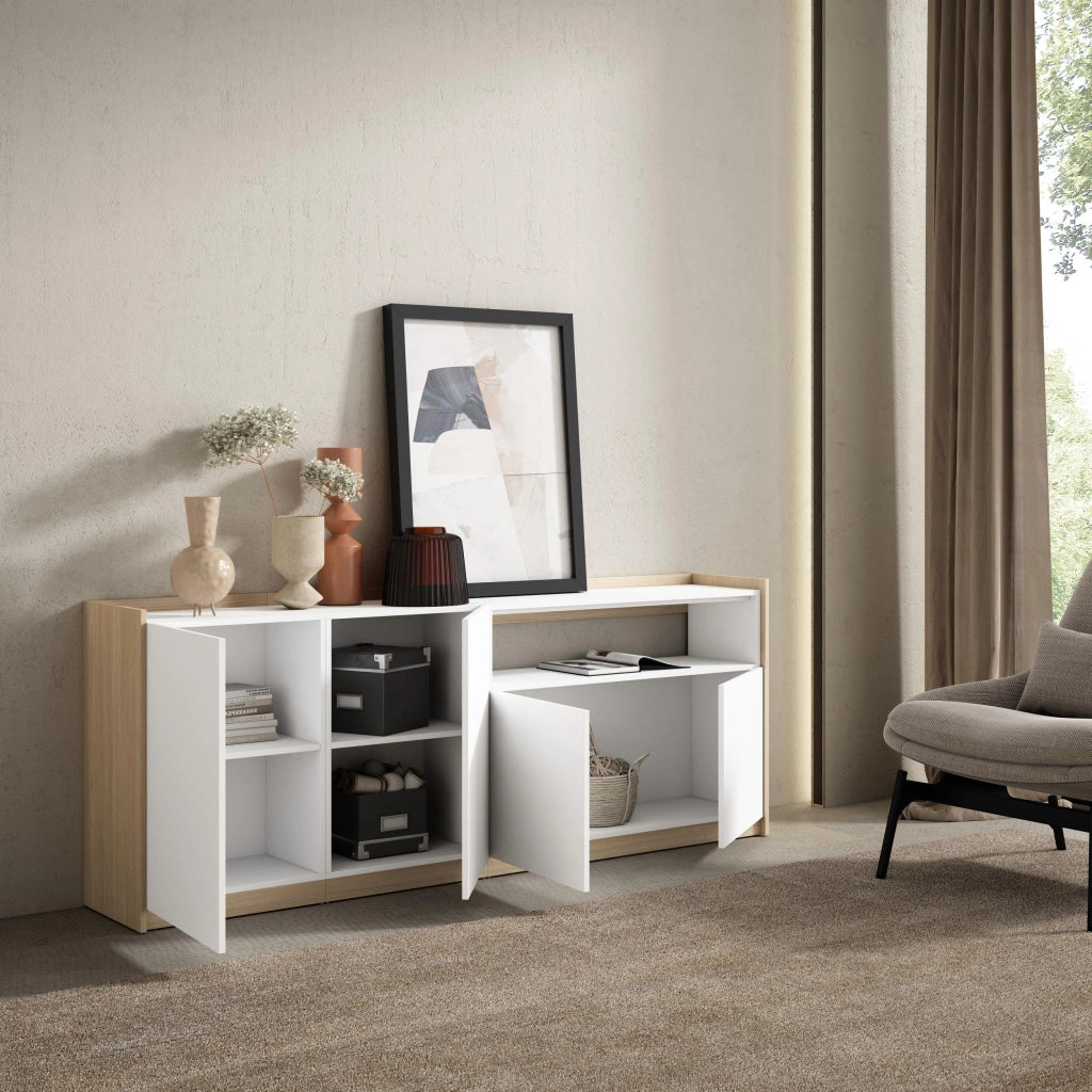 Credenza, Mobile, Cucina, 207x80x37 cm, 4 Porte, grande stoccaggio, Bianco e Rovere soft