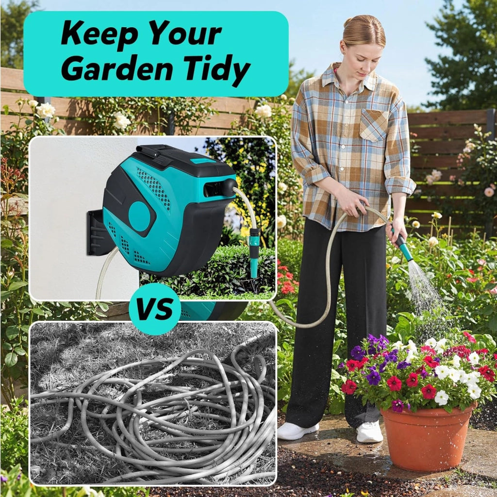 Avvolgitubo da Giardino Automatico a Muro, Tubo in PVC 20/30 M con Tubo di Alimentazione 2 M, Supporto Girevole a 180°, Ritorno Lento, Avvolgitubo Acqua Retrattile con Ugello Spray (20 M)