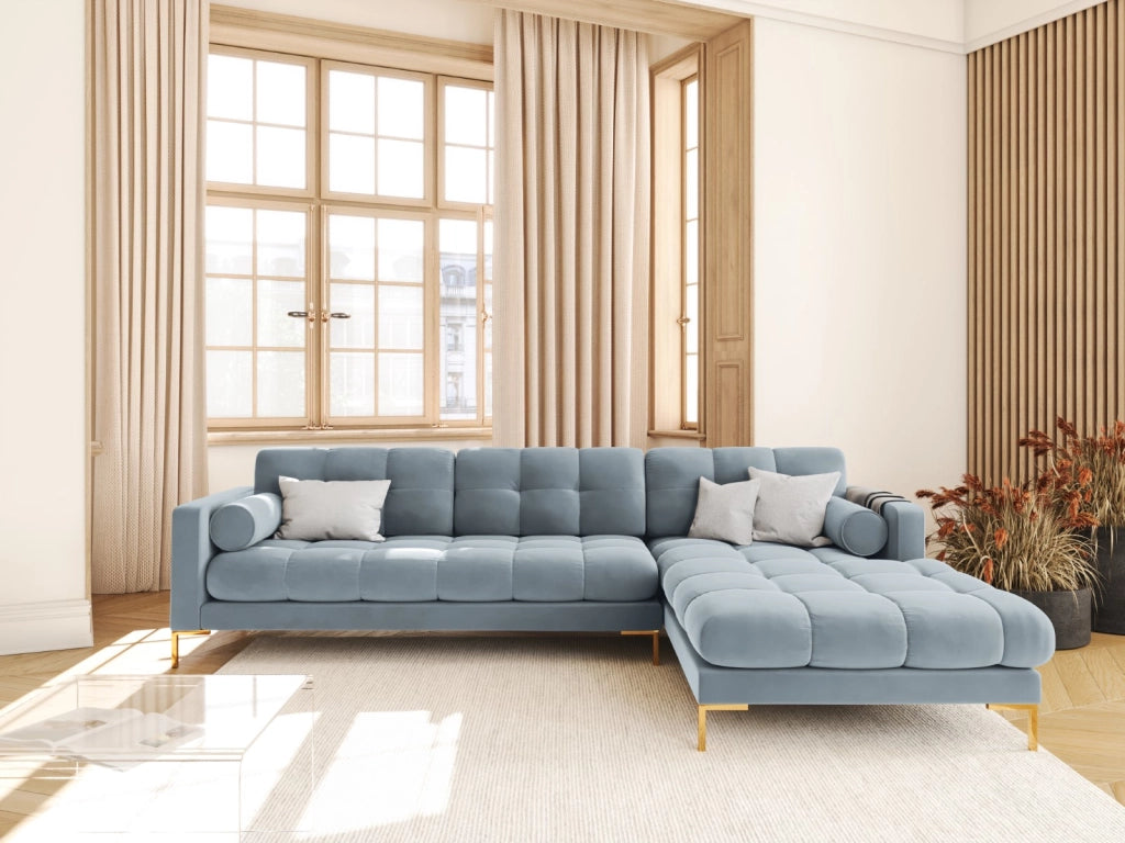 Cosmopolitan Design - Divano angolare destro "Bali" 5 posti in velluto azzurro 