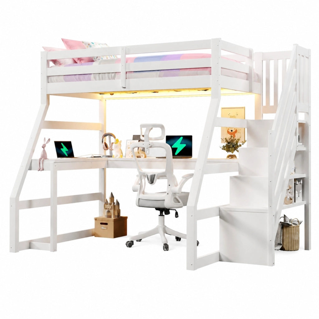 Letto a soppalco 90x200 cm con scrivania, LED e scala contenitore