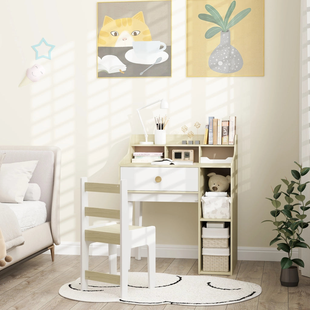 Scrivania per Bambini con Scaffale e Cassetto ¨C zephmum ¨C Bianco e Legno 90x50x75