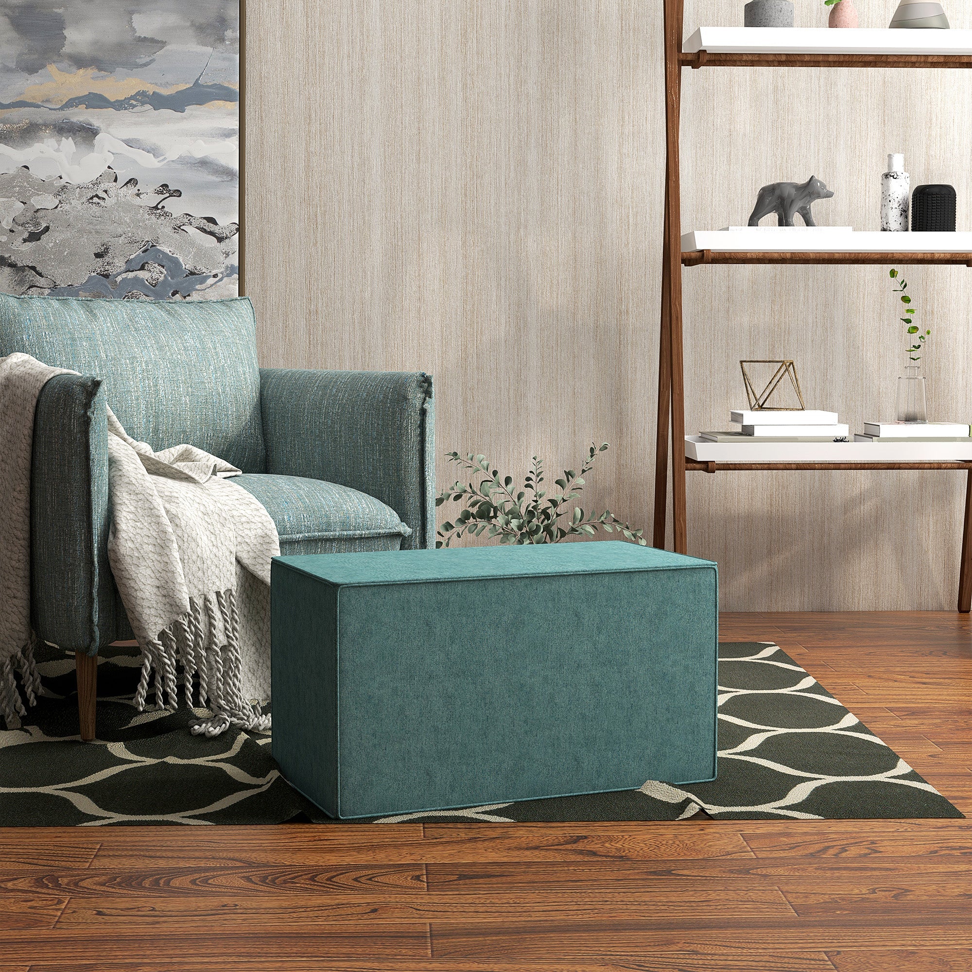 Pouf Poggiapiedi Rettangolare 75x41x41 cm Rivestimento Rimovibile in Tessuto Effetto Lino Verde