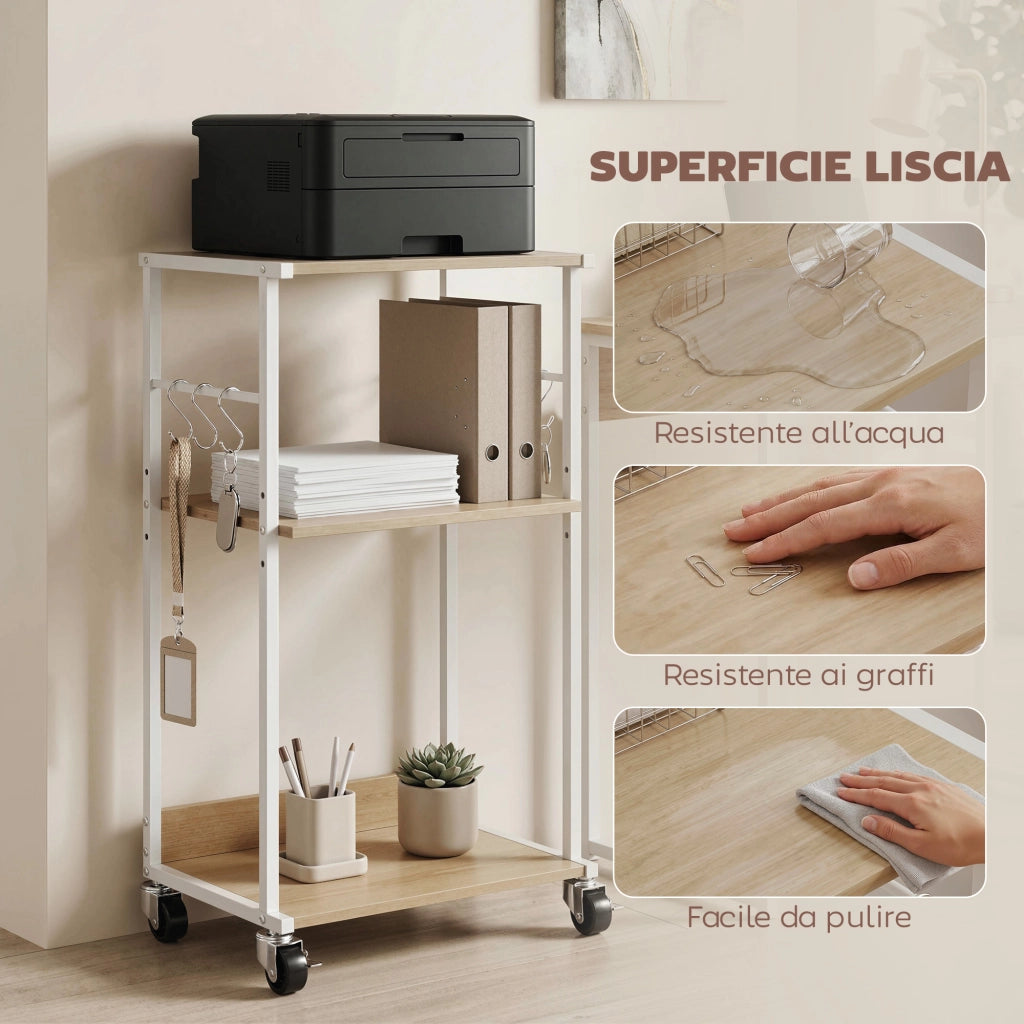 3-Livelli Stampante Supporto con Ruote e Ganci, Tavolino Moderno, Naturale.