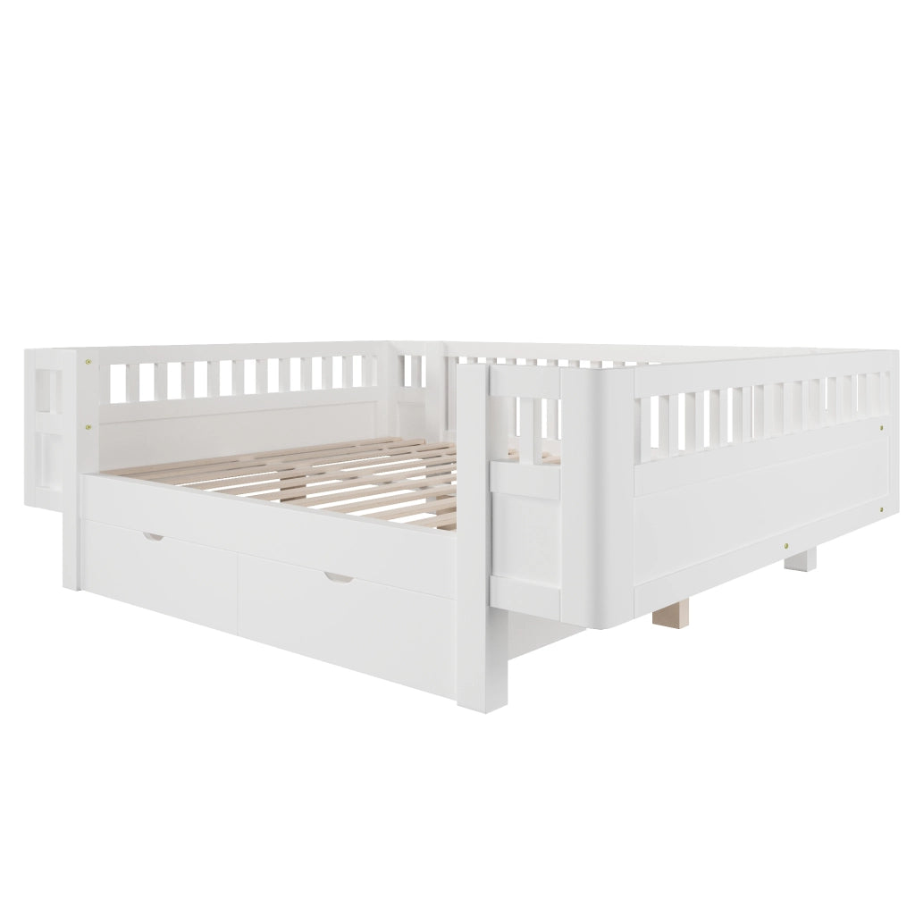 Letto a piattaforma per cameretta con spondine alte e due cassetti, in legno massiccio e MDF bianco 140 × 200 cm