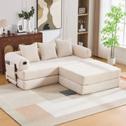 Divano modulare in corduroy beige con struttura in metallo; tasca laterale e 3 cuscini; 200 x 190 x 67 cm