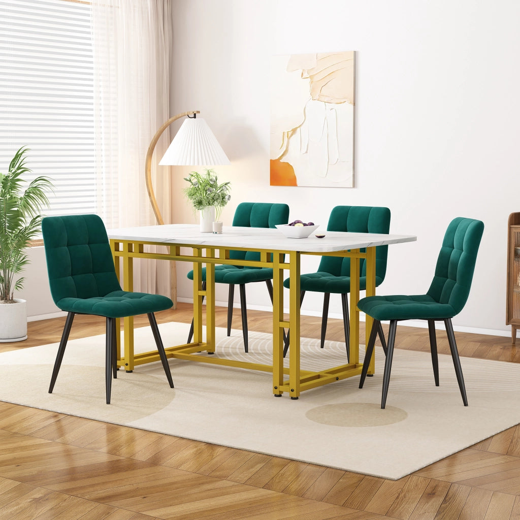 Tavolo da pranzo per 4 persone con 4 sedie in velluto, gambe in metallo dorato, per sala da pranzo, verde scuro, 120 × 70 cm