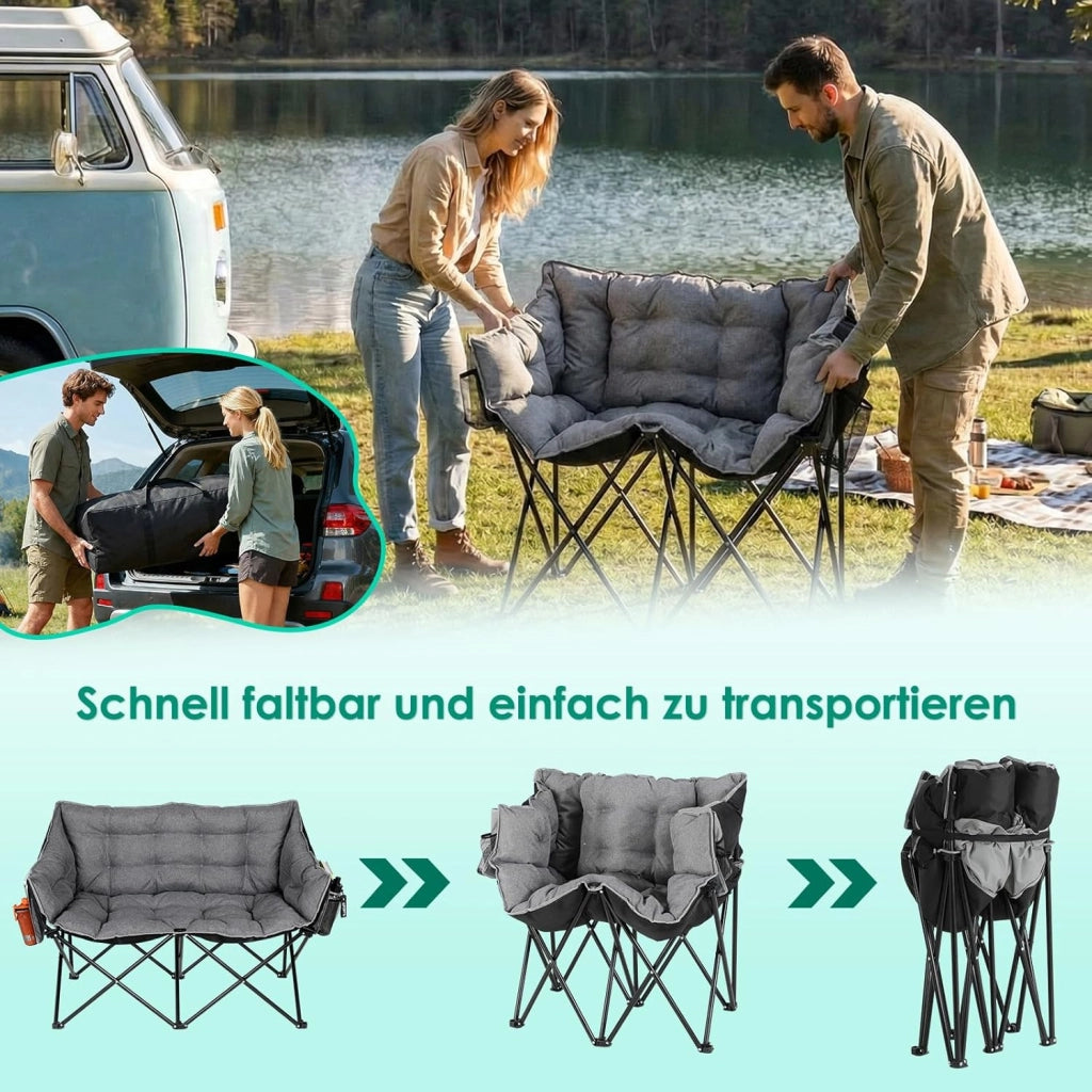 Sedia da Campeggio per 2 Persone, Divano da Campeggio Doppia 320KG, Sedia da Campo Portatile, con Tasca Laterale e posteriore, borsa per il trasporto, per Giardino, Spiaggia, Pesca, Grigio
