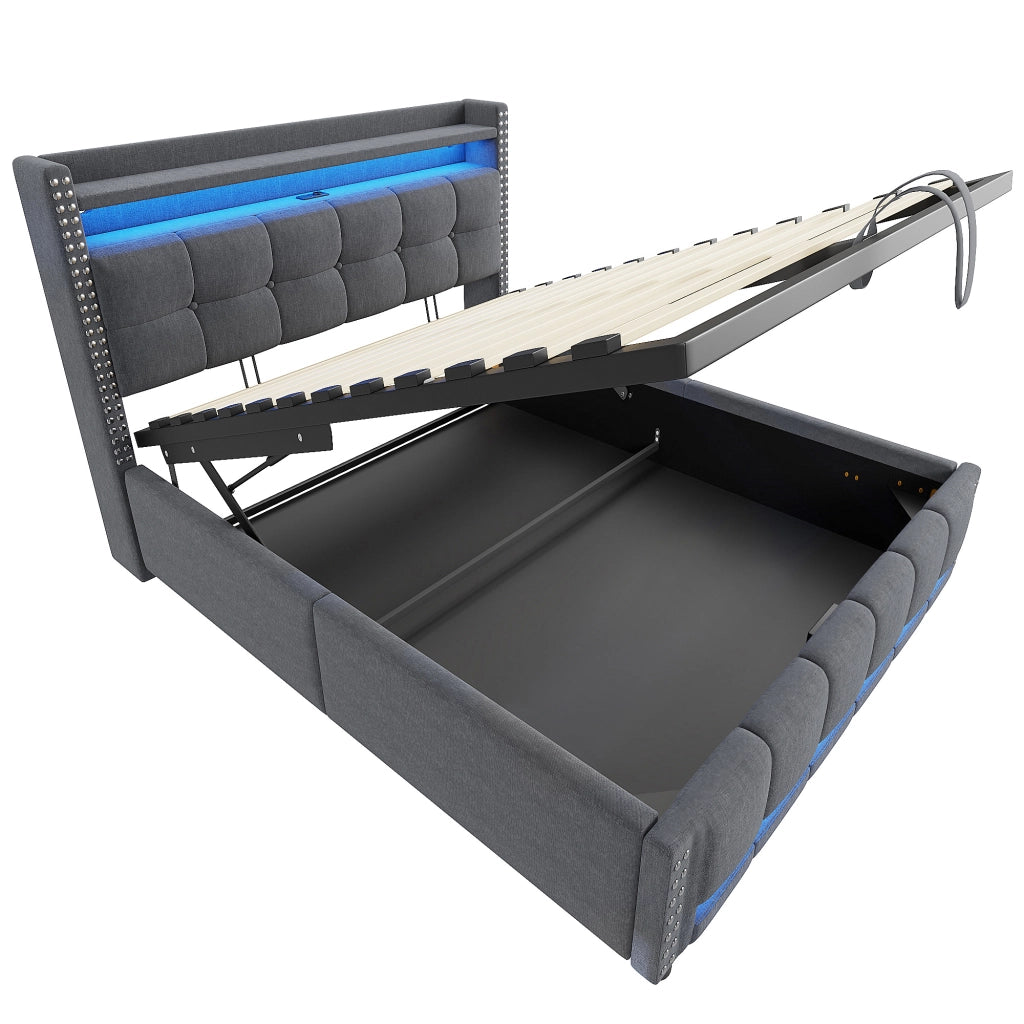 Letto imbottito 140x200 con contenitore idraulico e illuminazione LED, grigio
