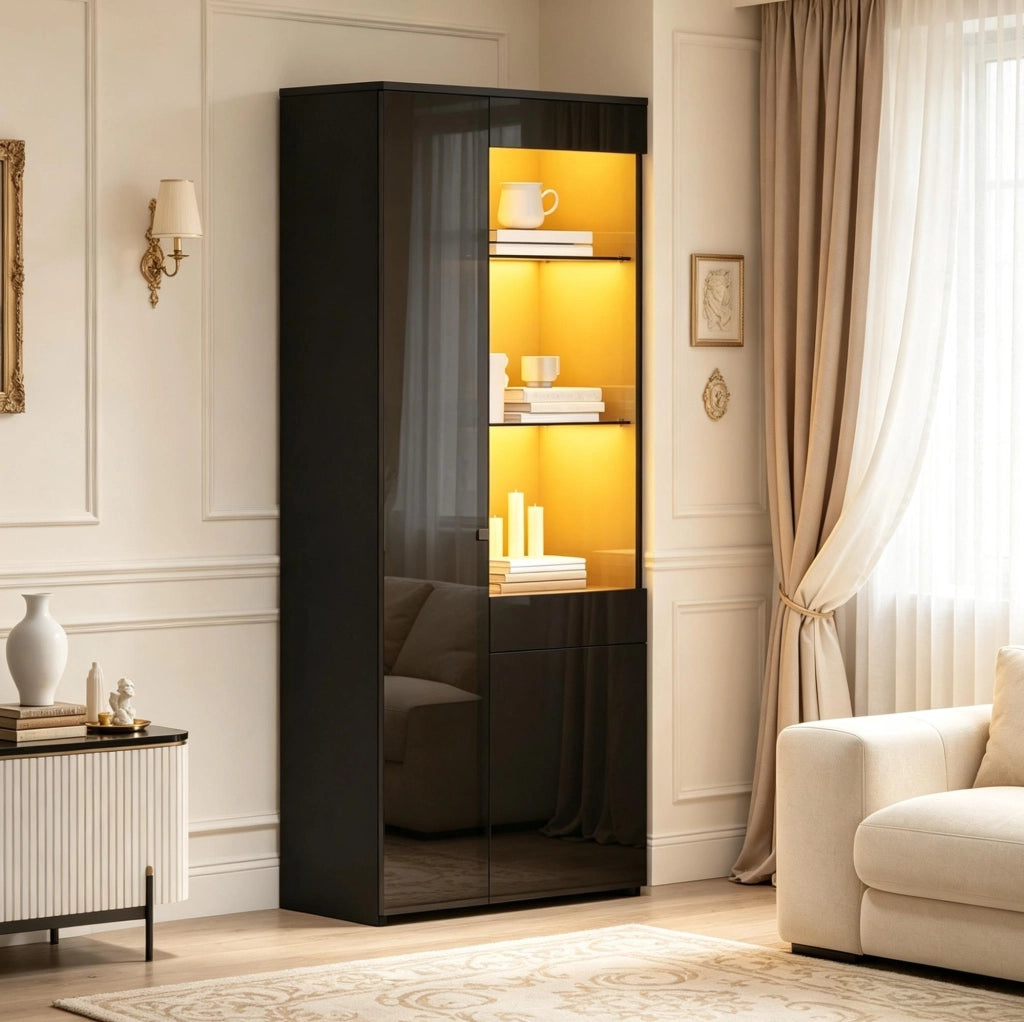 Vetrina alta 70x35x180 cm in truciolare nero con LED; 2 ante; cassetto e vetro temperato