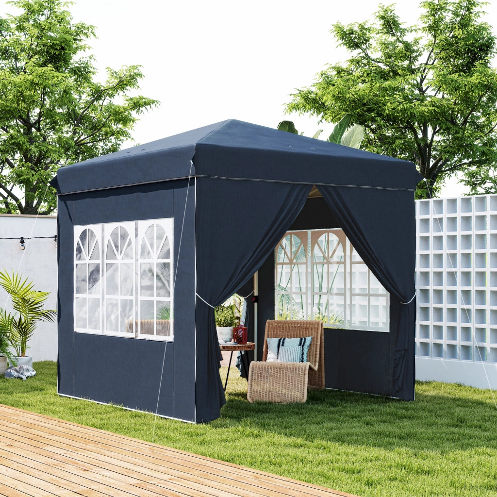 Gazebo da giardino pieghevole pop up con 4 pareti laterali altezza regolabile finestre e borsa in poliestere blu