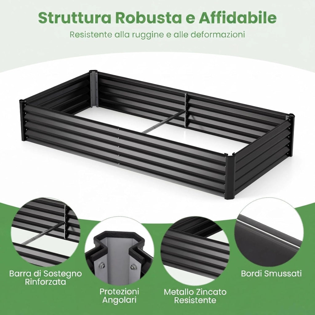 Orto Rialzato da Giardino con Serra, Fioriera da Esterno in Metallo con Copertura Apribile in PVC, Letto Rialzato da Esterno per Giadino, Cortile e Balcone 198 x 100 x 145 cm (Nero)