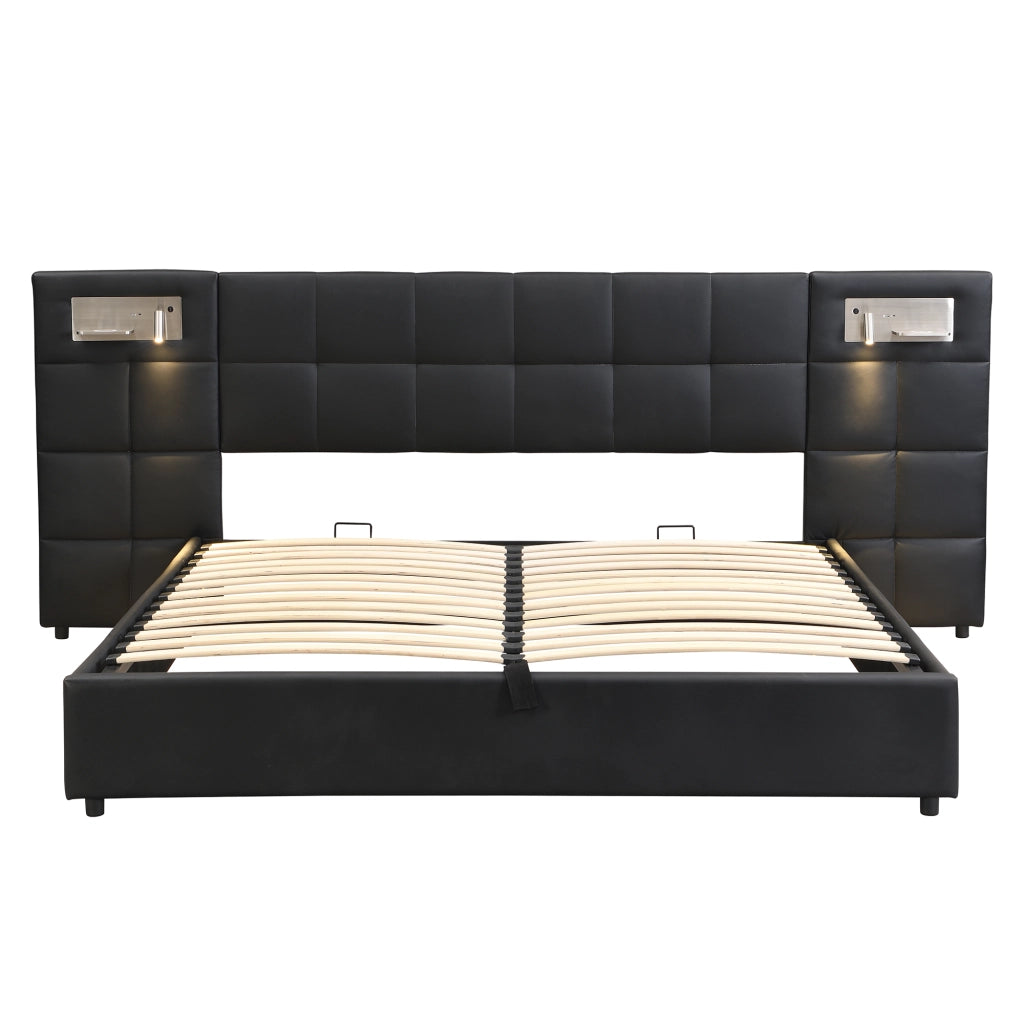 OKWISH Letto Contenitore 180×200 cm, Letto Matrimoniale con USB, Ricarica Wireless e Lampada, senza Materasso, in PU, Nero
