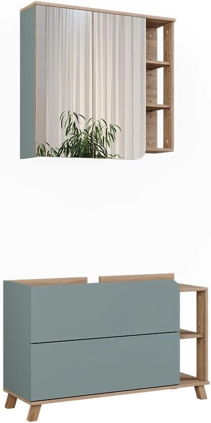 Set di mobili da bagno Karen, Sonoma/Bianco, 100 cm, composto da specchio da bagno e mobile sottolavabo
