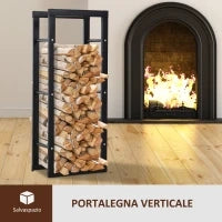 Porta Legna Verticale in Metallo Nero da Interni ed Esterni con Portata 100 kg max, 40x25x100 cm