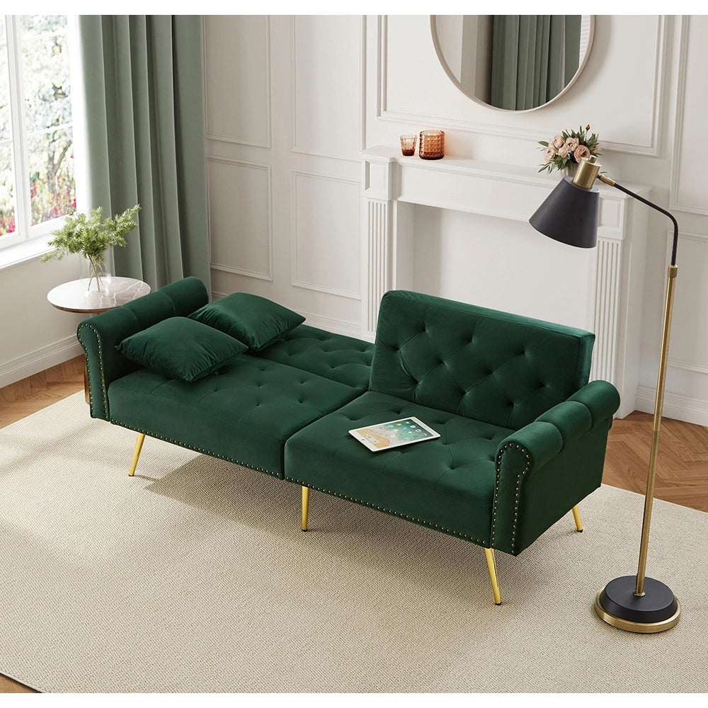 Divano letto 2 posti - Xylo - velluto, piedi oro, 3 posizioni, elegante