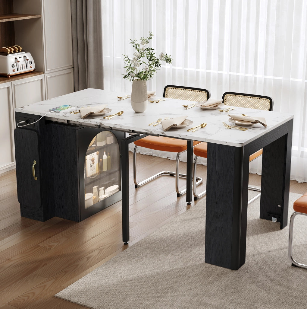 Tavolo da pranzo estensibile con isola e prese USB, bianco/nero
