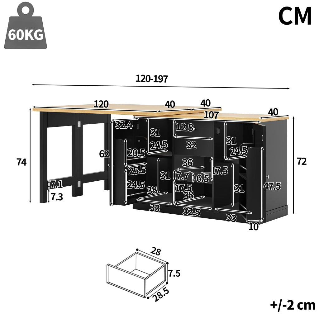 Tavolo da pranzo allungabile con 2 cassetti e vani; per cucina; in MDF; nero; 120x40x74 cm