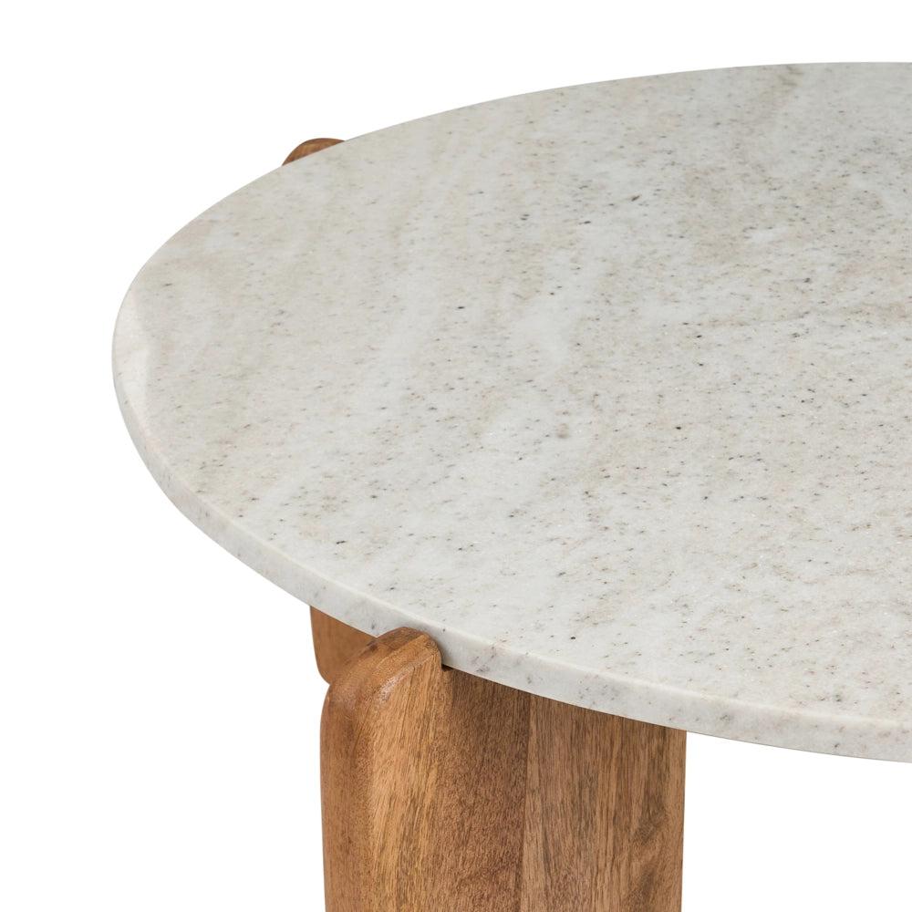 Tavolino con piano in marmo beige chiaro e gambe in legno di mango 80 cm stile moderno rotondo soggiorno