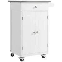 Carrello da Servizio per Cucina con Ruote Multi Stoccaggio, 1 Cassetto, Armadio Doppia Porta con Ripiano, Porta Strofinacci, MDF Bianco e Acciaio Inox