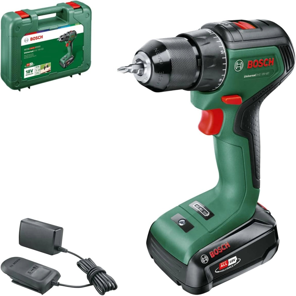 Bosch Trapano avvitatore a batteria UniversalDrill 18V-60 (2 batterie da 2,0 Ah, sistema 18 Volt, in valigetta)