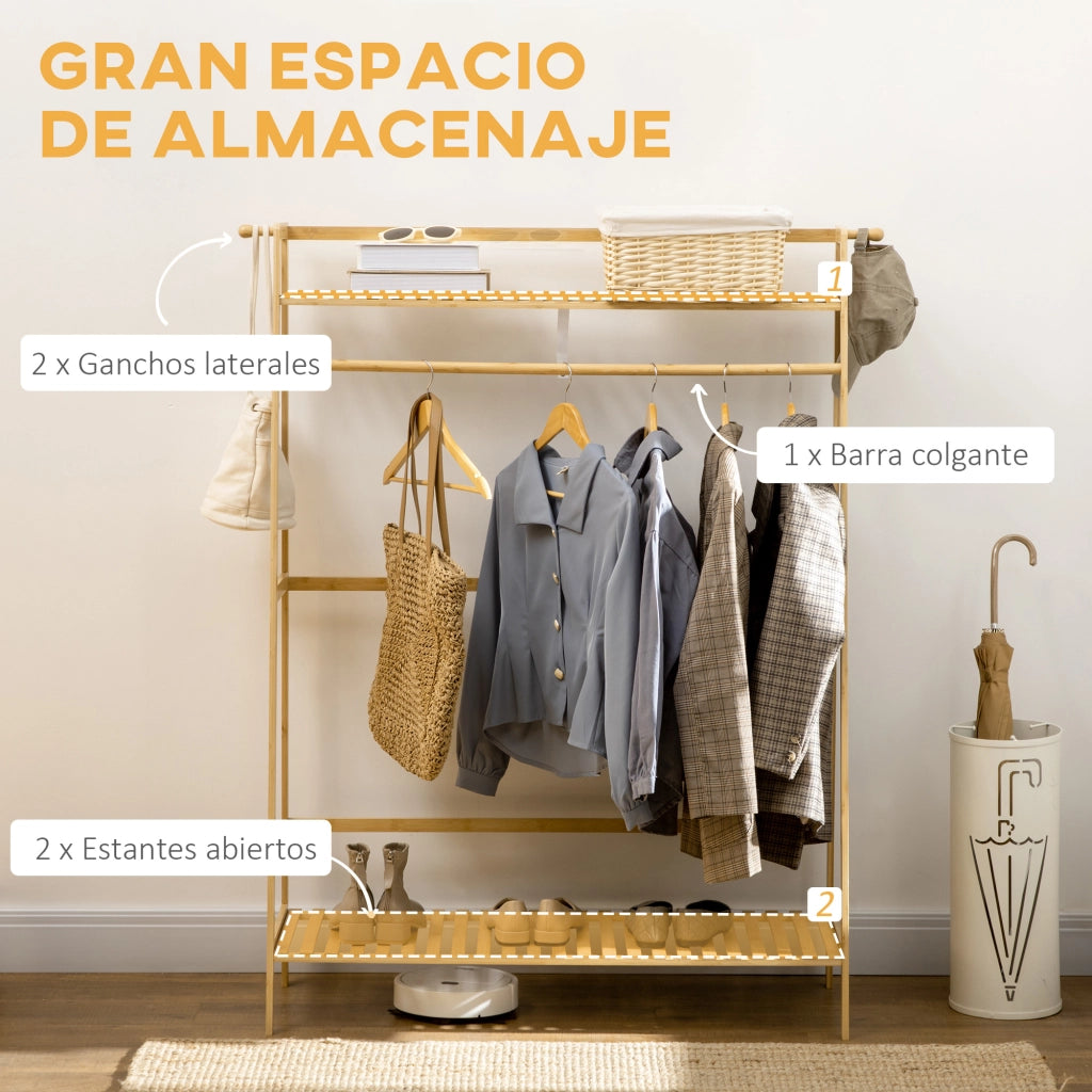 Appendiabiti a terra in bamb¨´ ¨C Xylo ¨C legno naturale con 2 ripiani e barra portaoggetti 114x40x139 cm