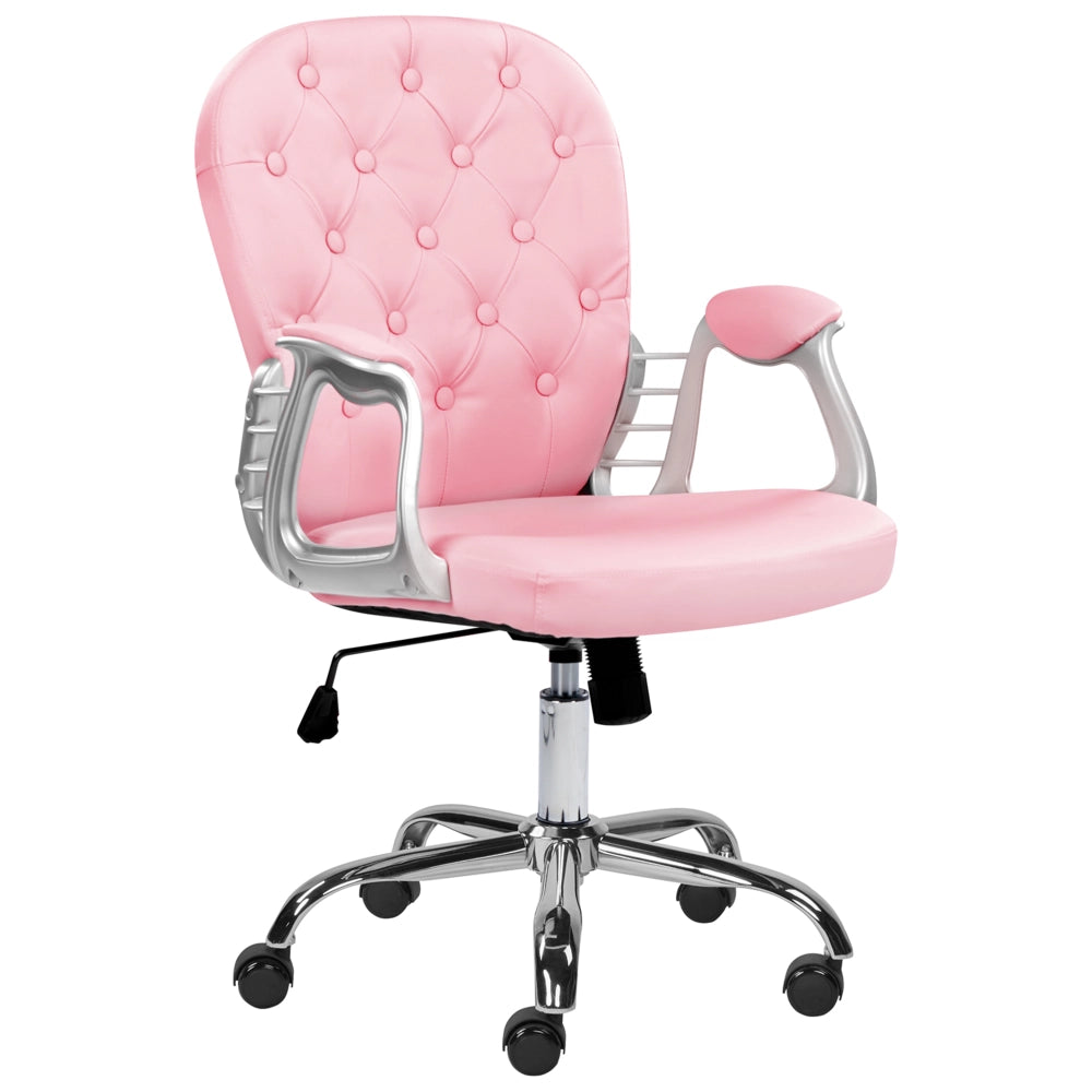 Sedia da ufficio in ecopelle rosa con pulsante regolabile in altezza con alzata a gas con schienale capitonnè e rotazione completa