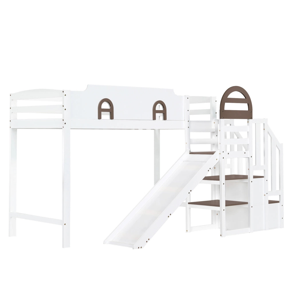 Letto a castello 90x200 cm con scivolo e scala contenitore in legno e MDF bianco