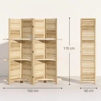 Paravento interno in legno a 4 pannelli, pieghevole con 3 ripiani, 160 x 170 cm, Legno naturale