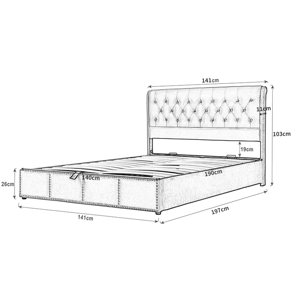 Letto imbottito grigio con vano contenitore e testiera 103 cm, 140 x 190 cm