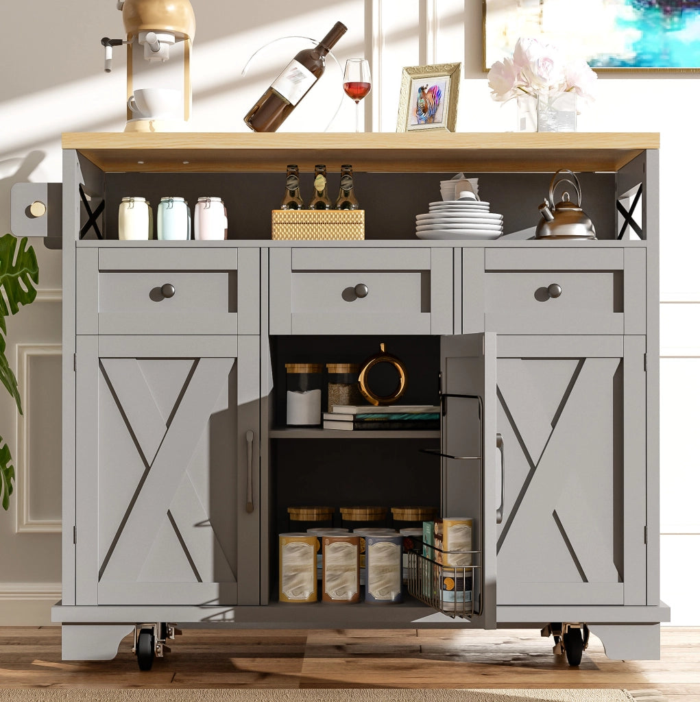 Isola cucina 118x43-80x98 cm con piano pieghevole e ruote in MDF e metallo grigio