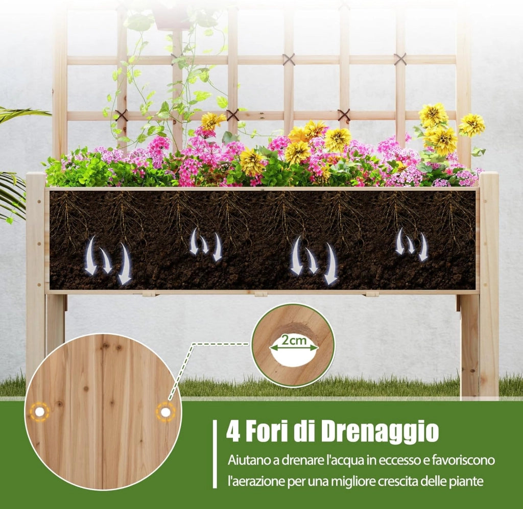 Letto da Giardino Elevato con Traliccio per Rampicanti, Fori di Drenaggio, Fioriera Rialzata in Legno con Grigliato e Piedi per Rampicanti, Fiori, Erbe, Verdure, Frutta, Balcone, Carico 80 kg