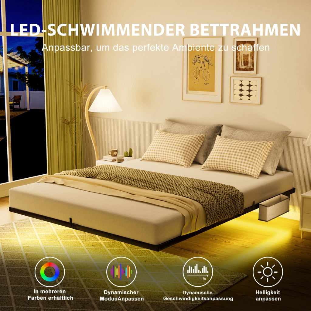 Letto flottante in metallo con LED e doghe, 160x200 cm, nero