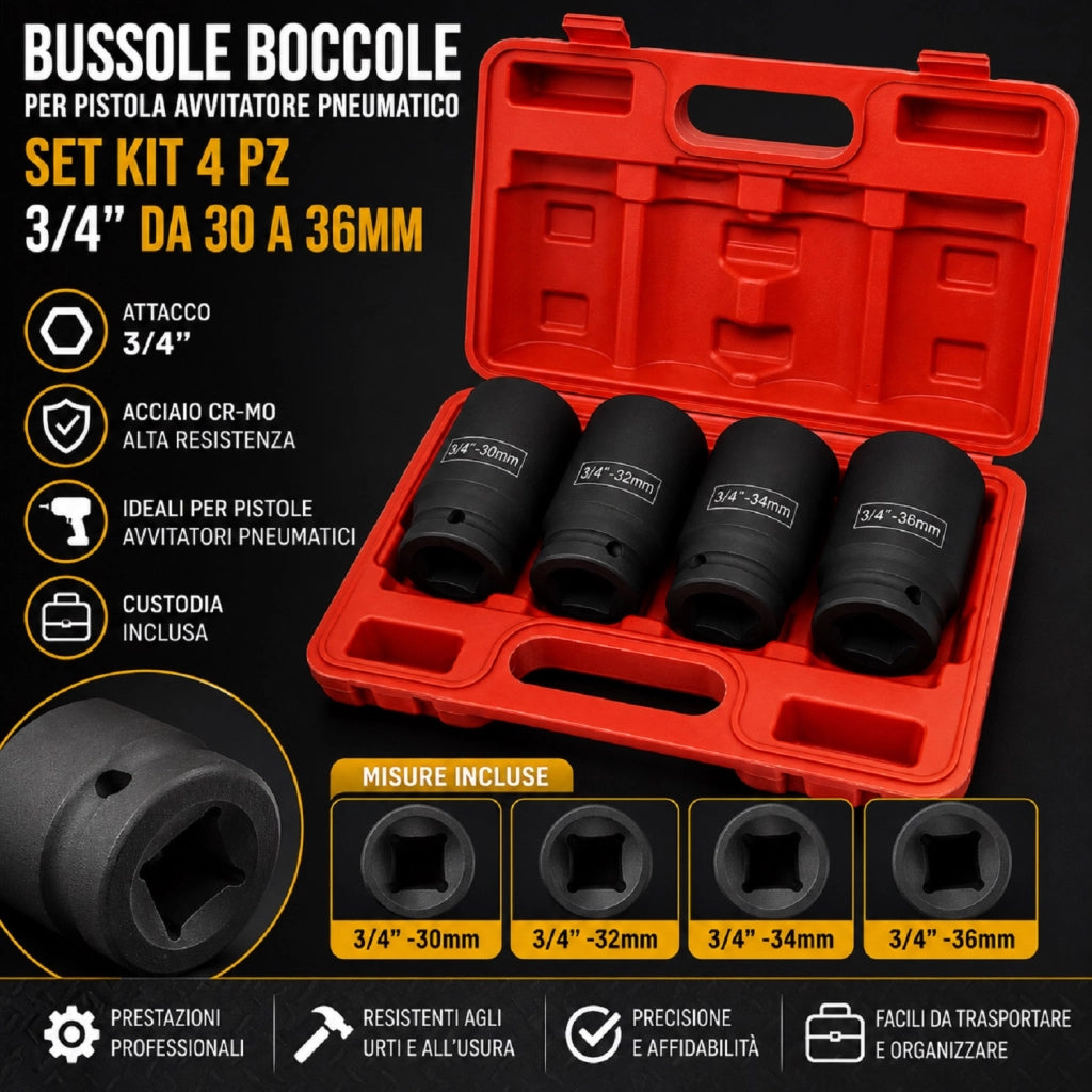 BUSSOLE BOCCOLE PER PISTOLA AVVITATORE PNEUMATICO SET KIT 4 PZ 3/4" DA 30 A 36MM
