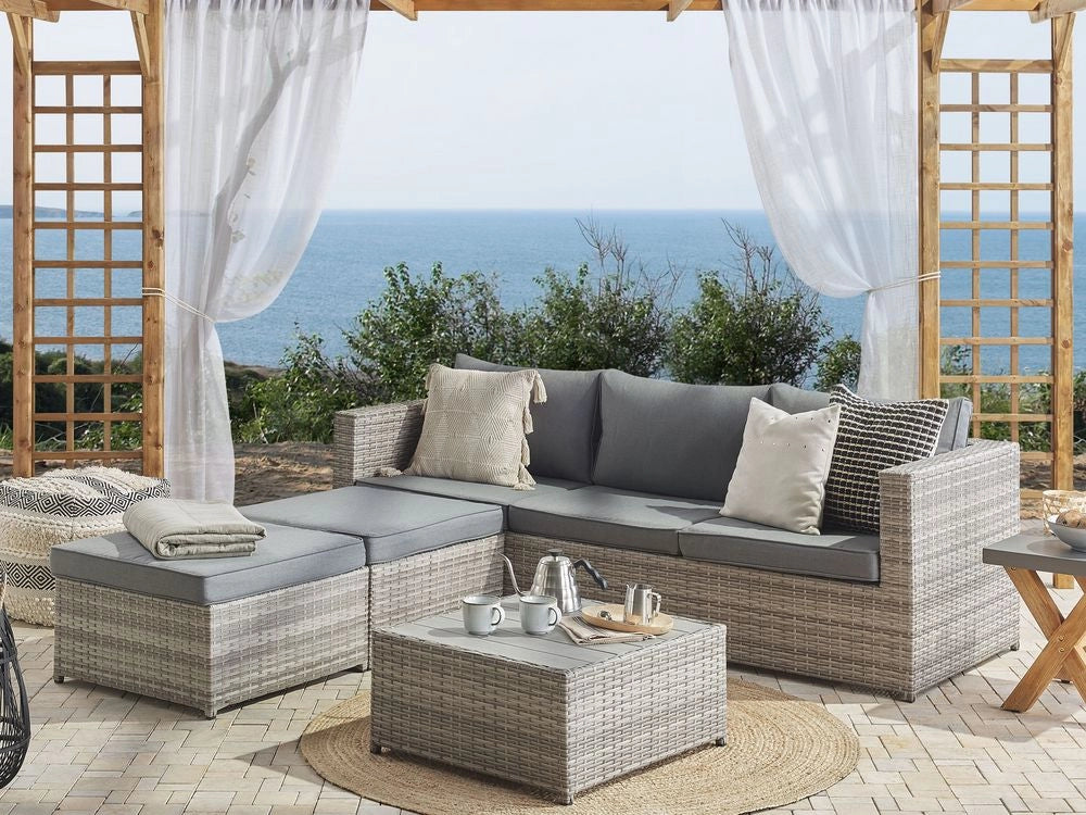 Set salotto da giardino marrone bianco cuscini Rattan Sintetico per 2 persone Set da esterno 3 pezzi con tavolino sinistro