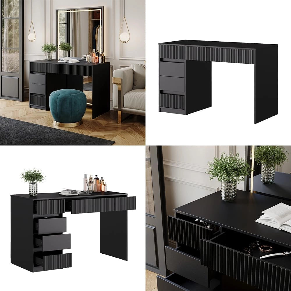 Tavolino da toilette Omira, Nero, 120 cm Senza specchio, Trucco, strumenti e gioielli separati e subito a portata di mano