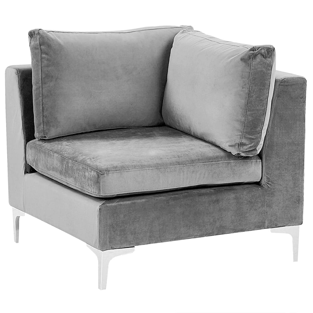 Divano ad angolo componibile versione sinistra a 5 posti in velluto grigio con gambe in metallo argento stile glamour