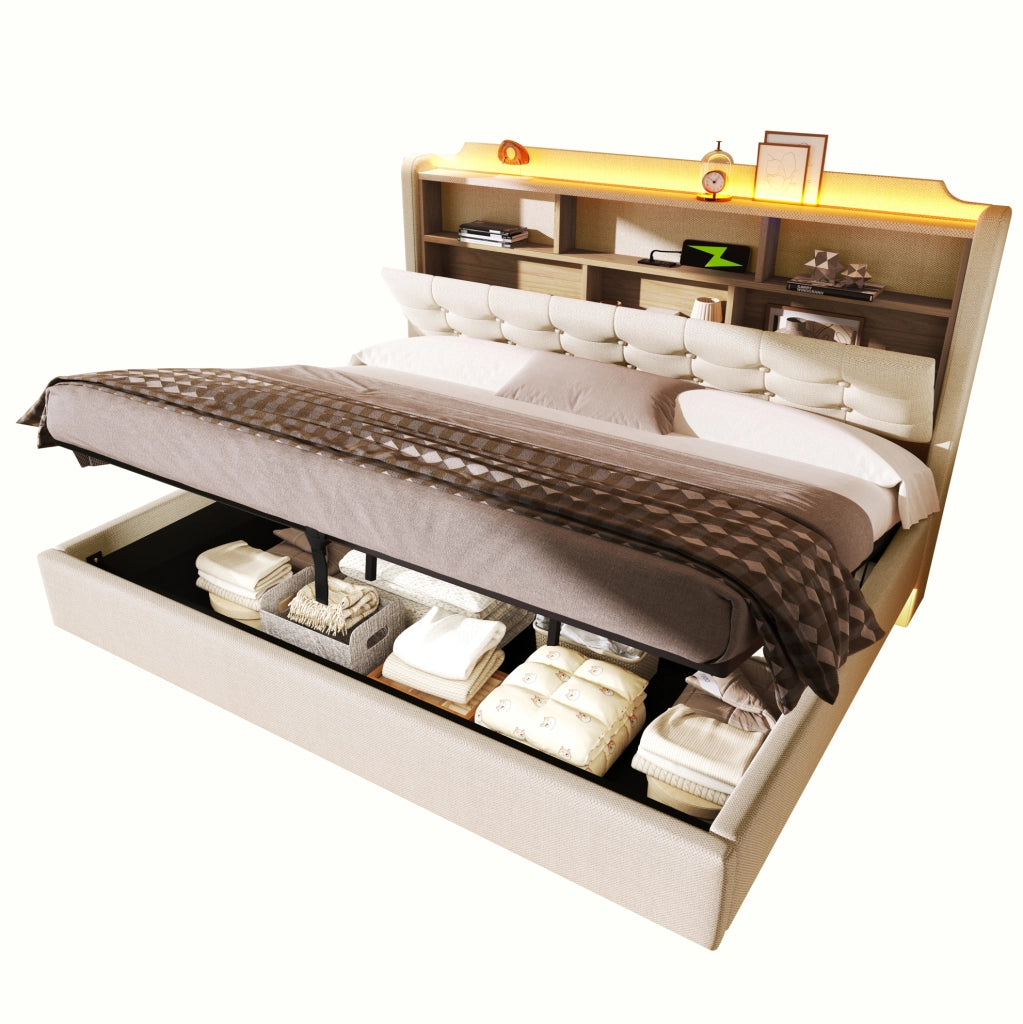 Letto imbottito 180x200 cm con illuminazione LED; spazio contenitore idraulico; in lino e MDF; beige