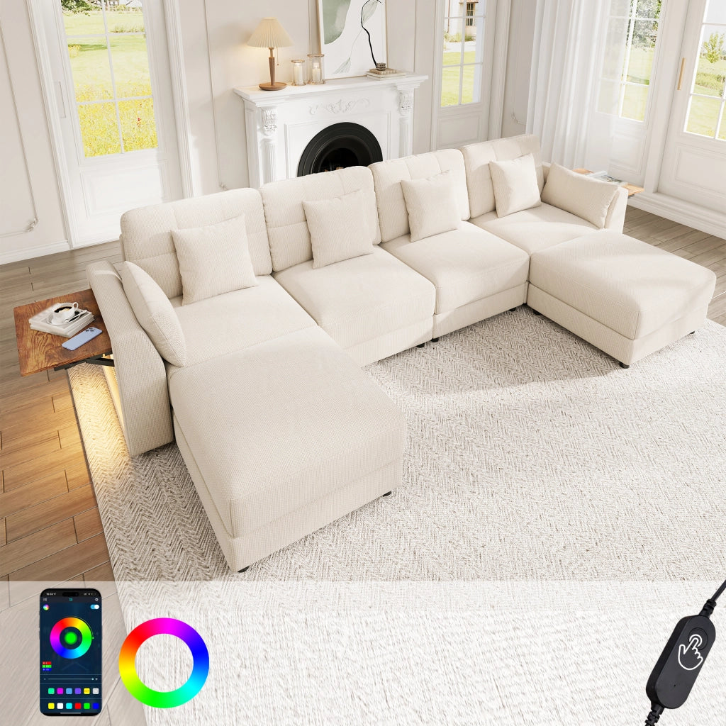 Divano angolare modulare a U e L con luci LED tavolino ribaltabile e tessuto chenille beige 292 × 135 × 82 cm