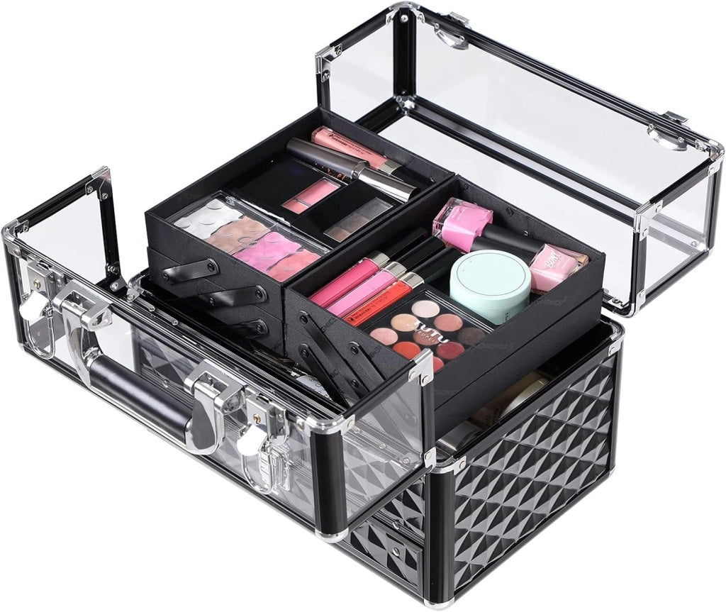 SONGMICS Beauty Case da Viaggio, Valigetta per Trucco, Arte e Unghi,con Coperchio Trasparente, Telaio in Alluminio, Cofanetto Diversi Vassoi per Truccatore, Nero JBC318B