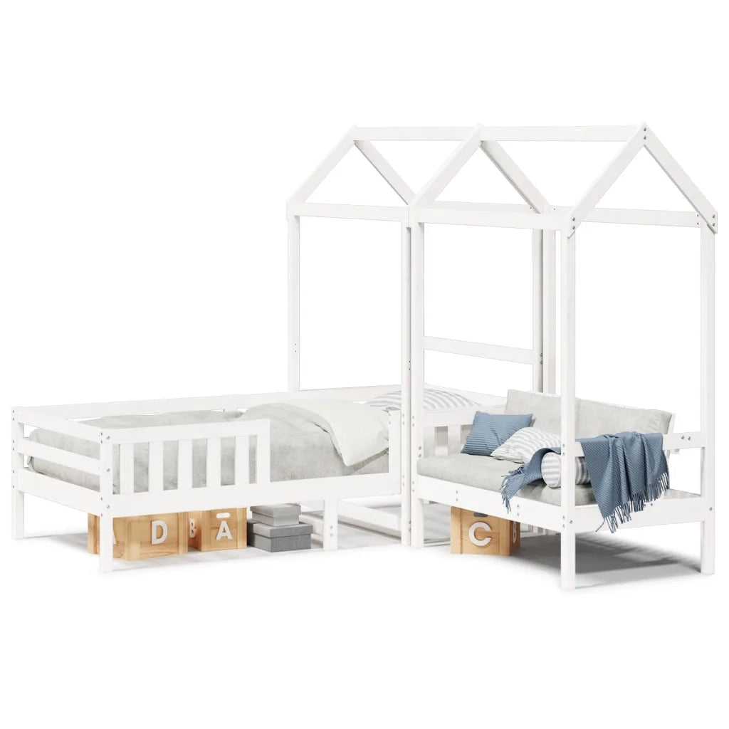 Letto singolo | Letto per adulti | Giroletto con Panca e Tetto Bianco 75x190cm Legno Massello Pino