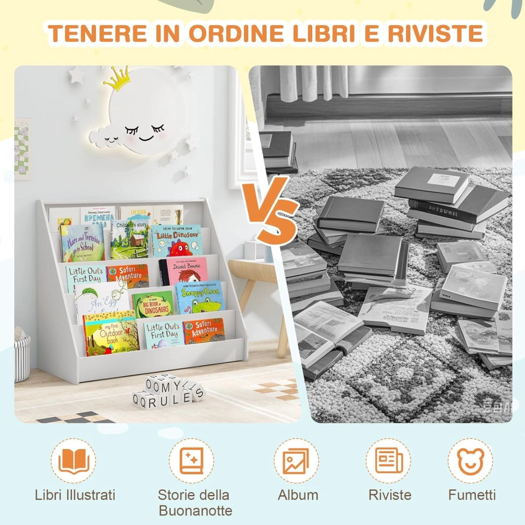 Libreria Montessoriana per Bambini a 5 Livelli, Scaffali Espositivi con Spazio Nascosto sul Retro e Antiribaltamento, per Cameretta, Soggiorno e Asilo Nido, 91 x 38 x 76,5 cm (Bianco)