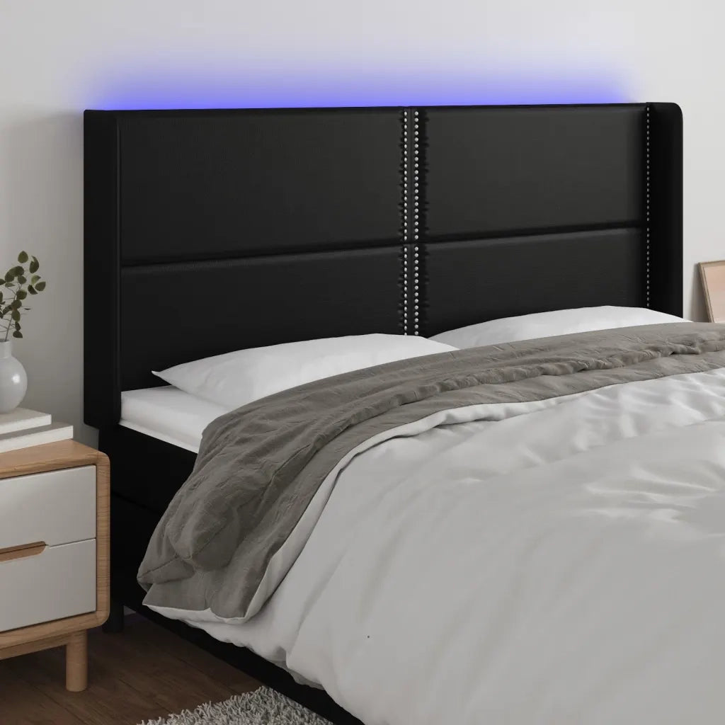 Testiera | Testata a LED Nera 183x16x118/128 cm in Similpelle
