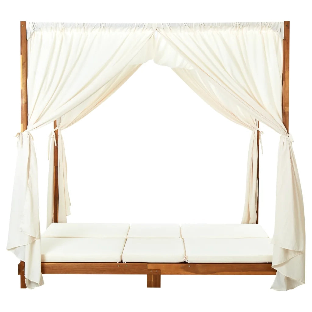 Lettino Prendisole Doppio con Tende e Cuscini in Legno Acacia cod mxl 41584
