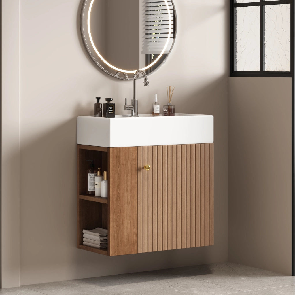Armadietto da bagno con lavabo, ripiani laterali e chiusura ammortizzata, per bagno piccolo, marrone 69 × 52 × 32 cm