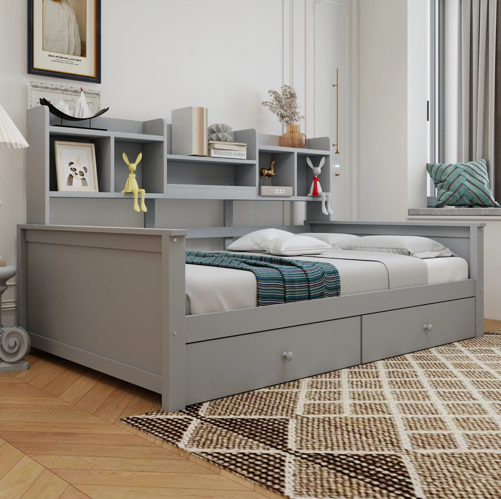 Divano letto singolo 90x200 cm in legno con 2 cassetti e vani laterali; grigio