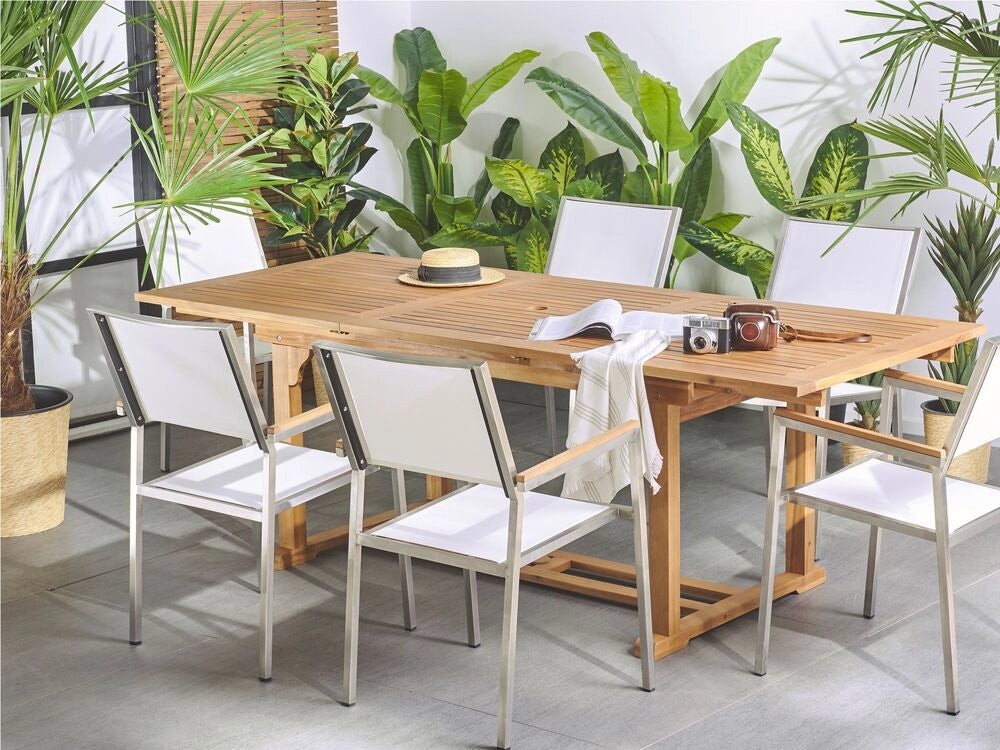Tavolo da pranzo da giardino in legno di acacia 160/220 x 90 cm forato per ombrellone allungabile Design tradizionale